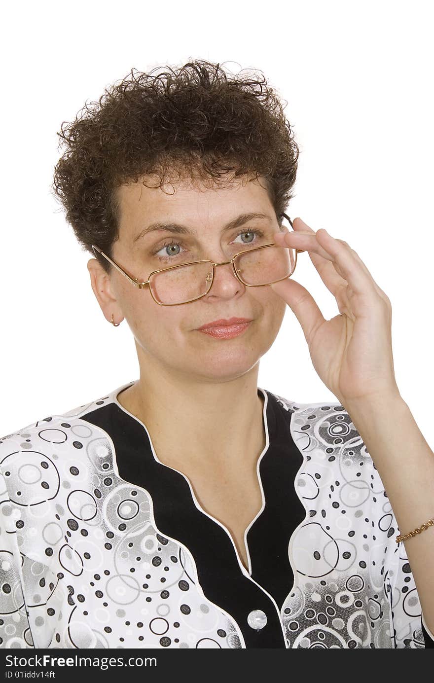 Curly woman with spectacles on white background