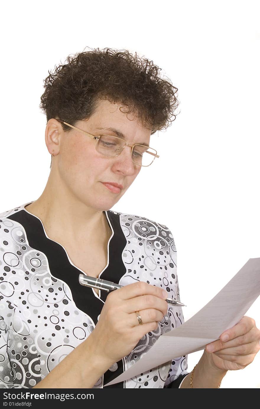 Curly woman with sheet of paper and handle on white background