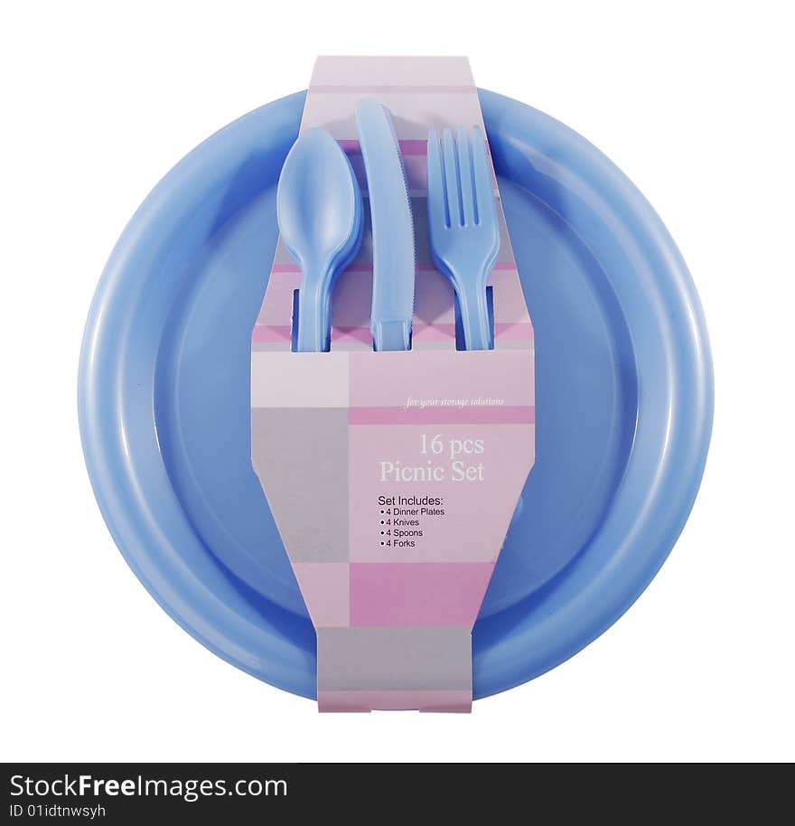 A set of blue plastic picnic set. A set of blue plastic picnic set