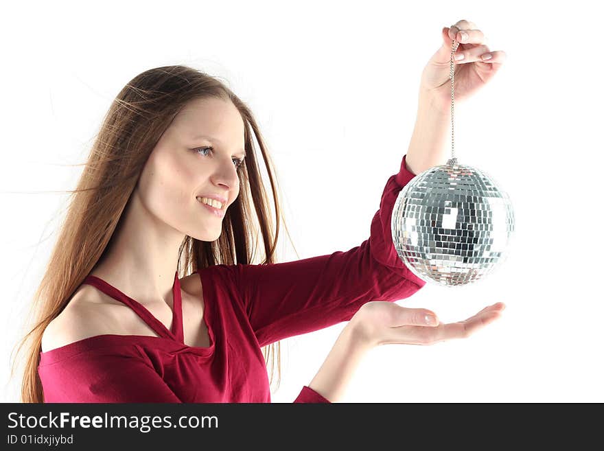 Young woman with Glass sphere isolated on white backgrownd