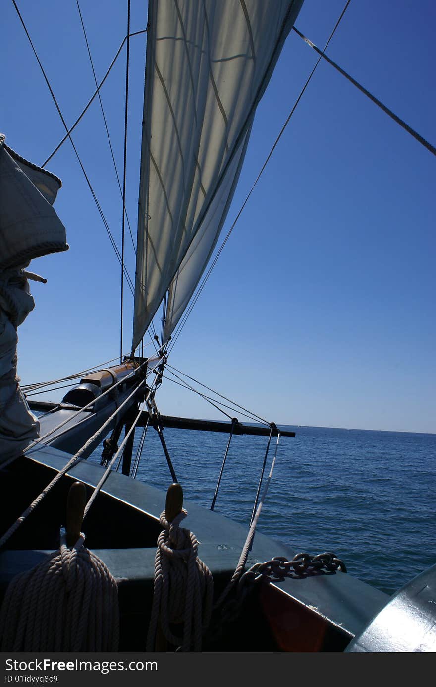 Bow and sail of ship on Lake Michigan in South Haven Michigan. Bow and sail of ship on Lake Michigan in South Haven Michigan.