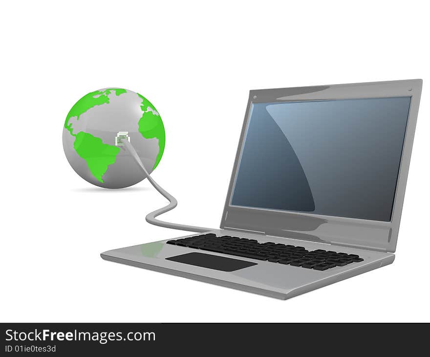 Laptop connected to world on white background