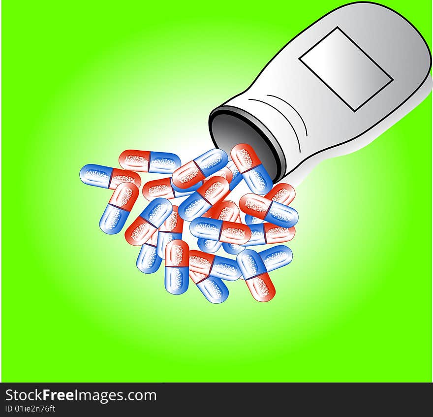 Vector illustration of a medicine bottle and pills on green background.