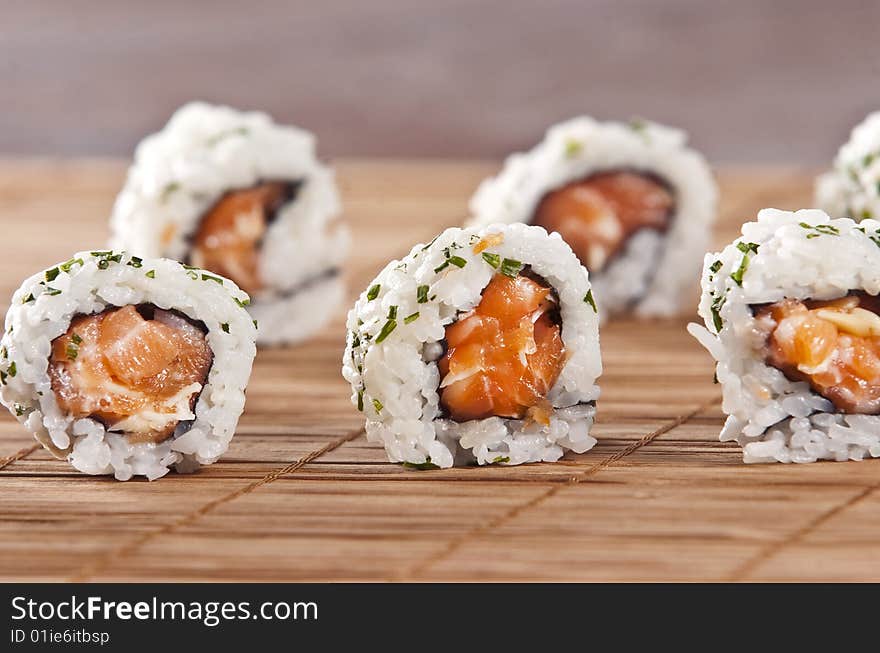 Various types of japanese sushi and sashimi