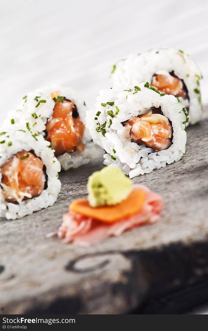 Various types of japanese sushi and sashimi