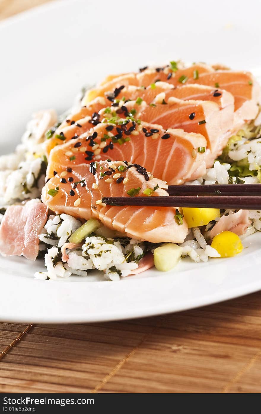 Various types of japanese sushi and sashimi