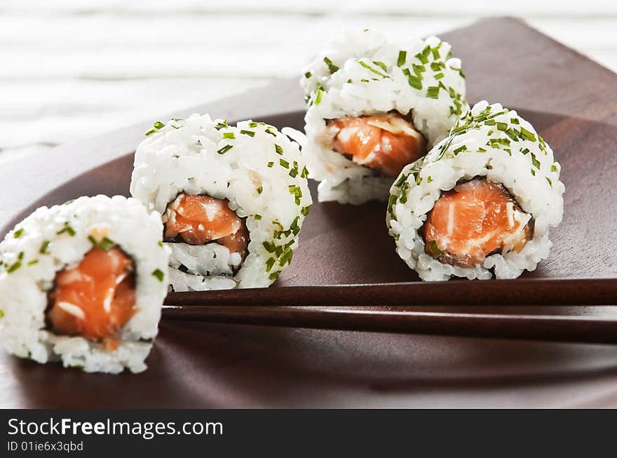 Various types of japanese sushi and sashimi