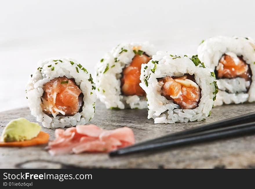 Various types of japanese sushi and sashimi