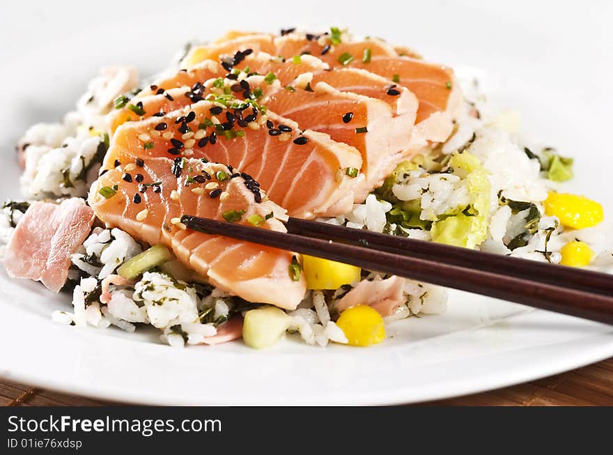 Various types of japanese sushi and sashimi