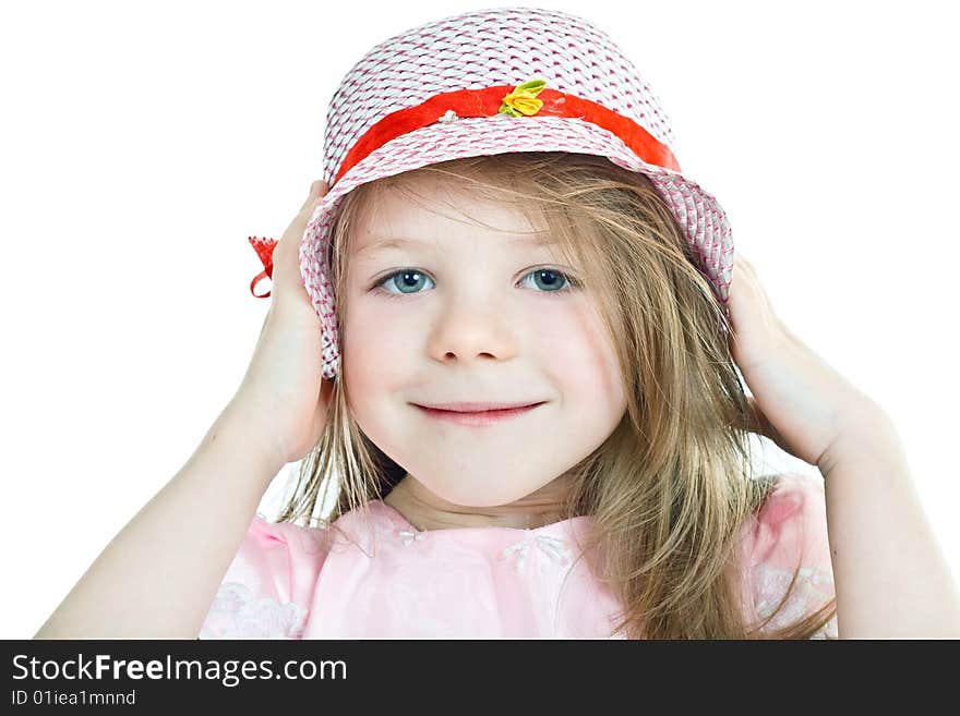 Close-up portrait of smiling grey-eyed blonde girl in hat