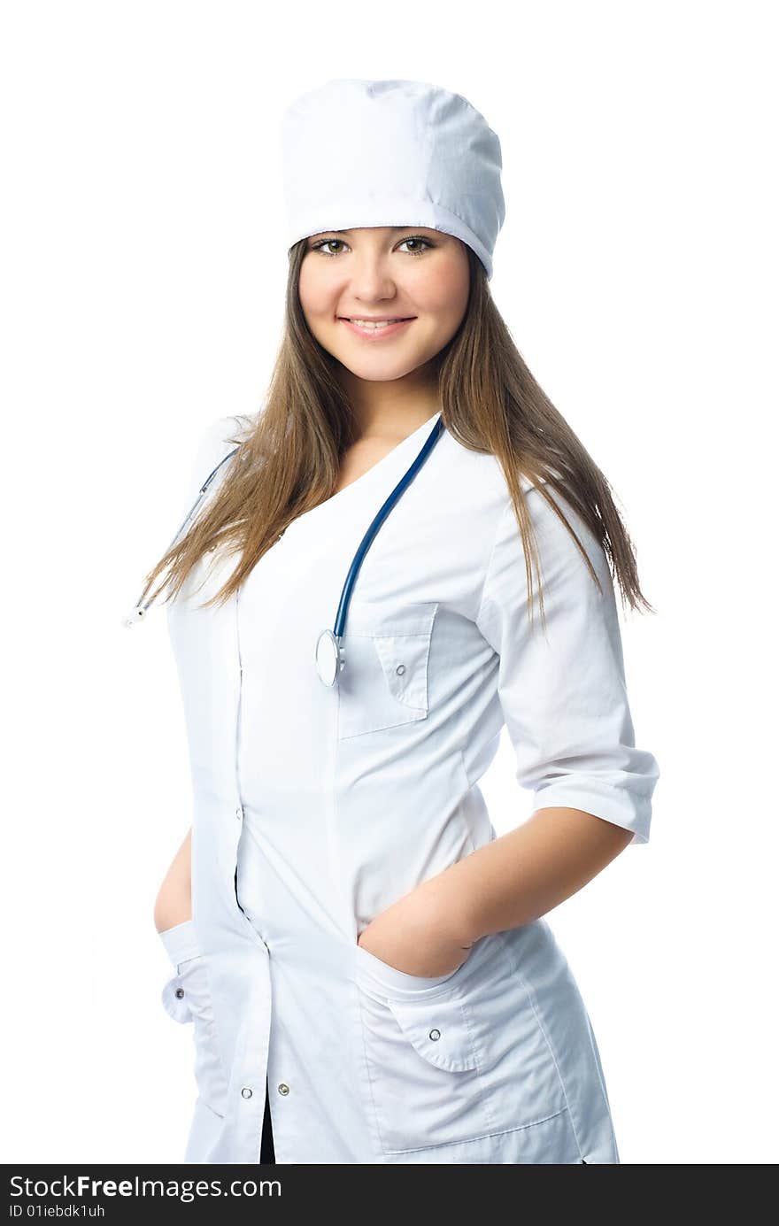 Portrait of a beautiful young doctor wearing white uniform with a stethoscope. Portrait of a beautiful young doctor wearing white uniform with a stethoscope