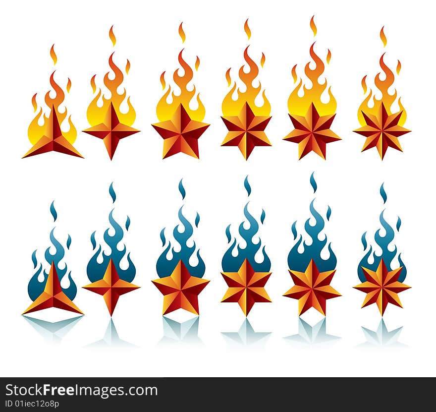 Vector illustration of a set of star shapes with fire. Vector illustration of a set of star shapes with fire.