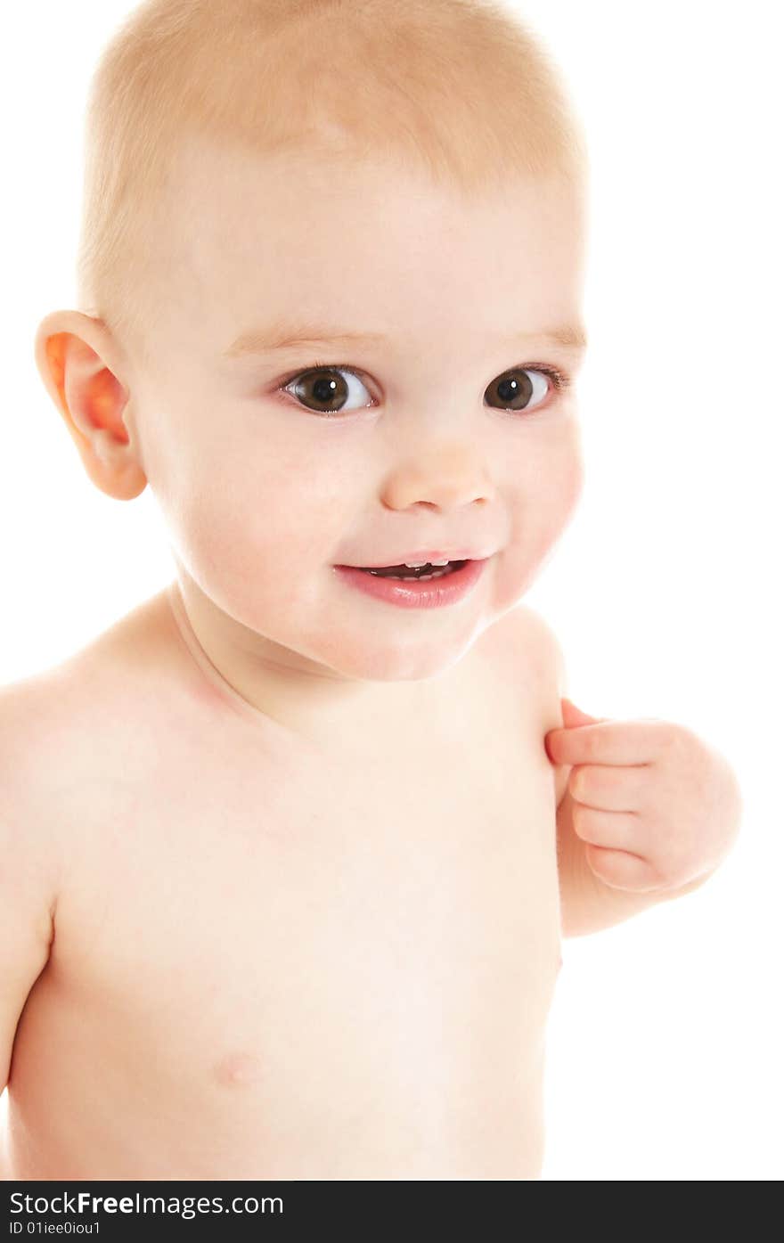 Laughing baby boy on white background