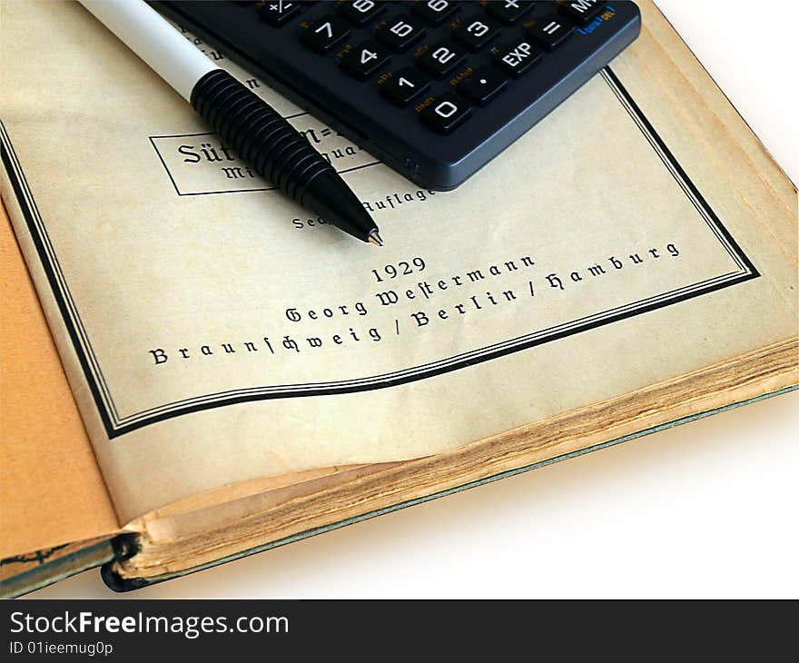 Book, booklet from the year 1929 with pocket calculator. Book, booklet from the year 1929 with pocket calculator