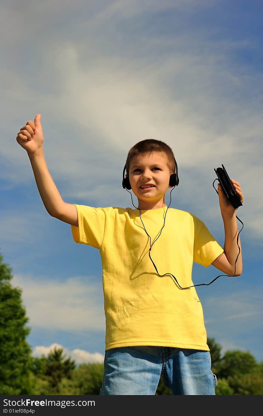 Boy listens to music