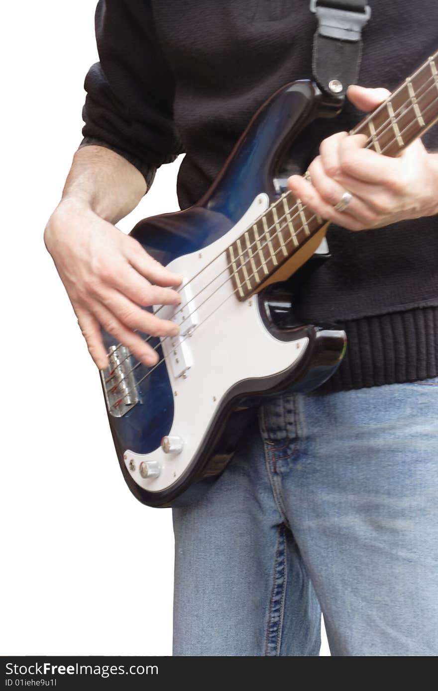 Image of a man playing a bass guitar without plectrum,image isolated on white background. Image of a man playing a bass guitar without plectrum,image isolated on white background