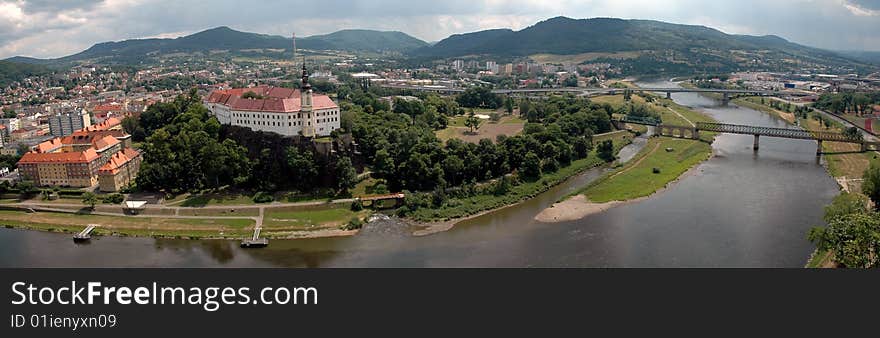 Panorama of Decin castle, river Labe, view of the Pastyrska stena.