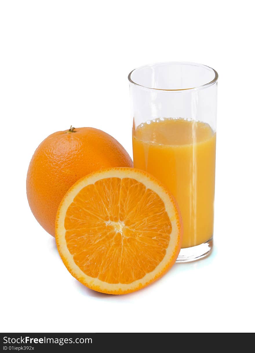 Fresh orange juice and oranges on white background