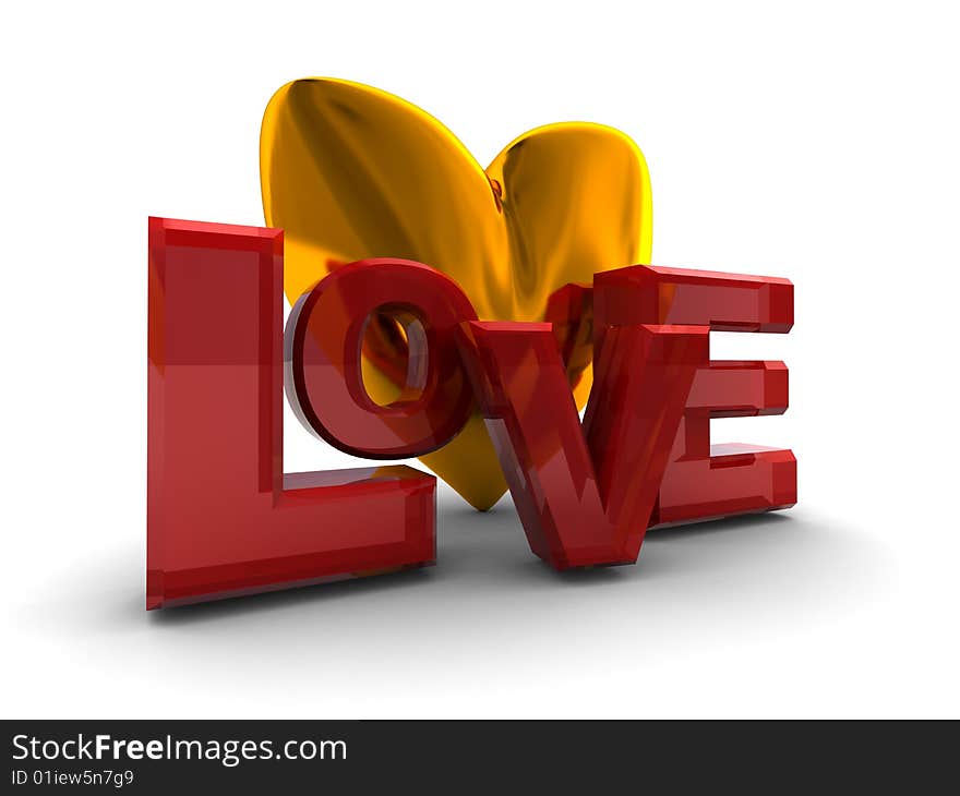 Abstract 3d illustration of love sign, symbol, and golden heart