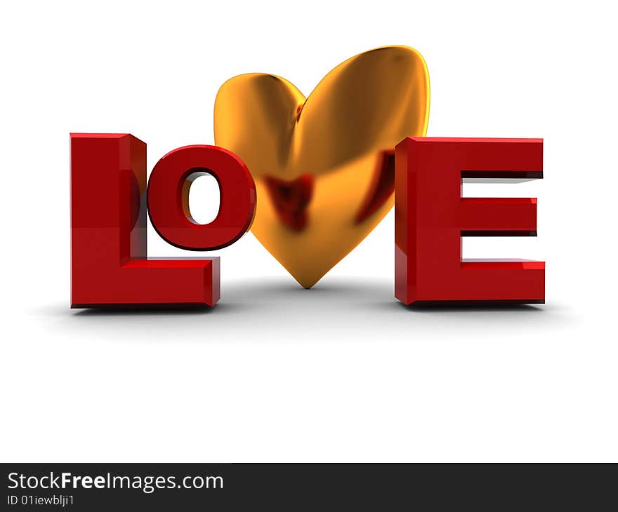 Abstract 3d illustration of love sign and golden heart, over white background