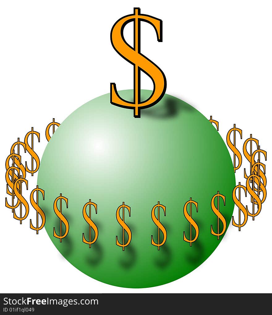 Dollar signs encircling a sphere with a large dollar sign on top. Dollar signs encircling a sphere with a large dollar sign on top.