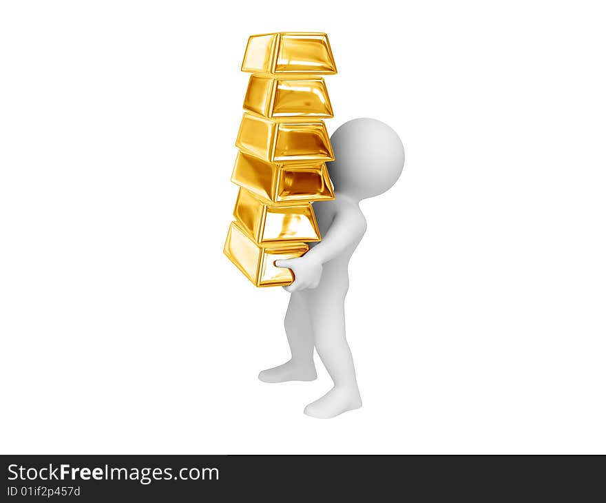 Person carry stack of gold ingots. Isolated on white. Person carry stack of gold ingots. Isolated on white.