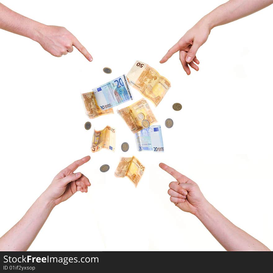 Four hands pointing at money