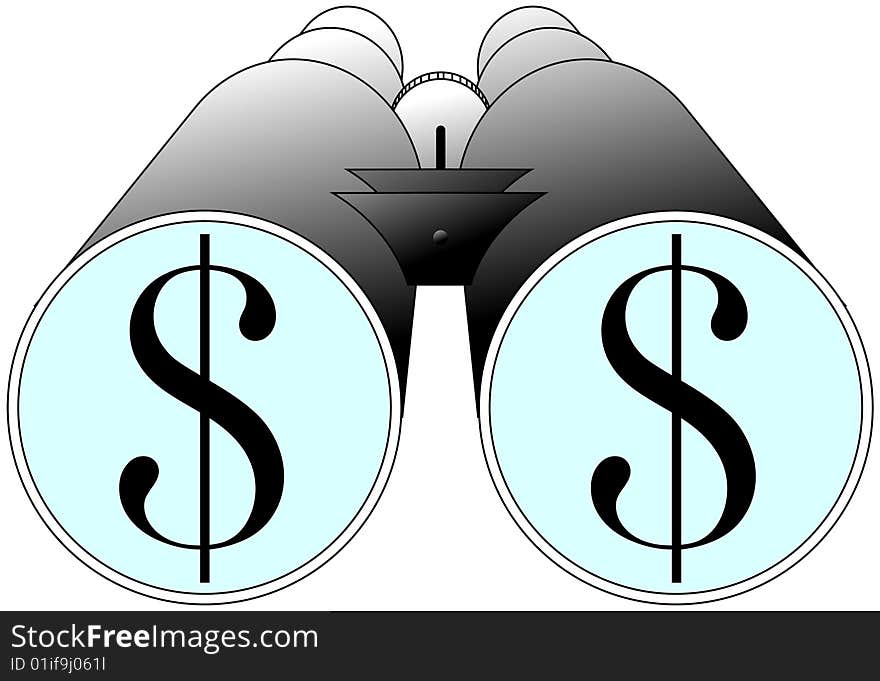 Binoculars with two dollar signs on the lens face. Binoculars with two dollar signs on the lens face