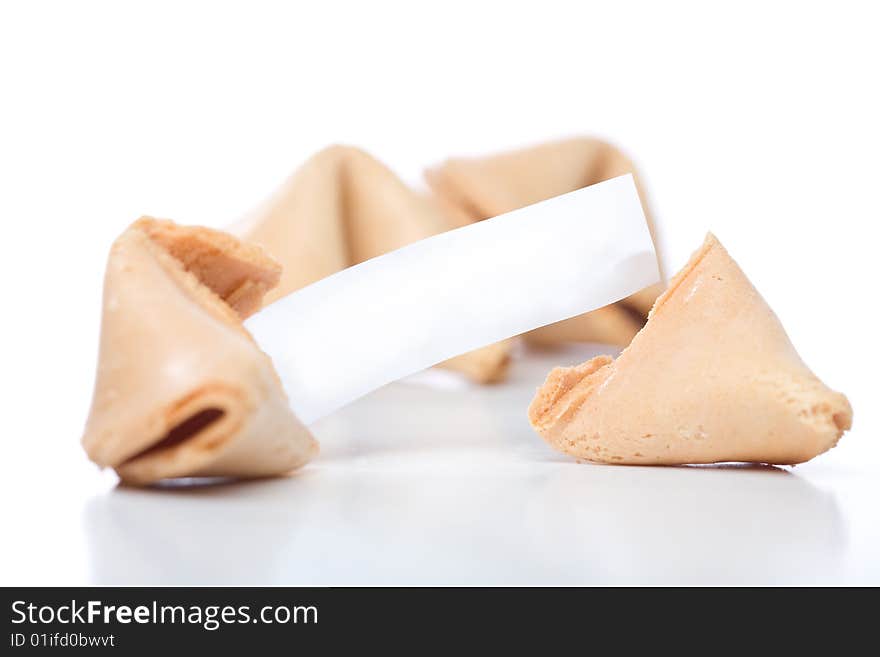 Fortune cookies with blank fortune where text may be added