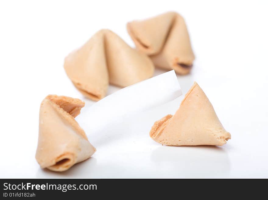 Fortune cookies with blank fortune where text may be added