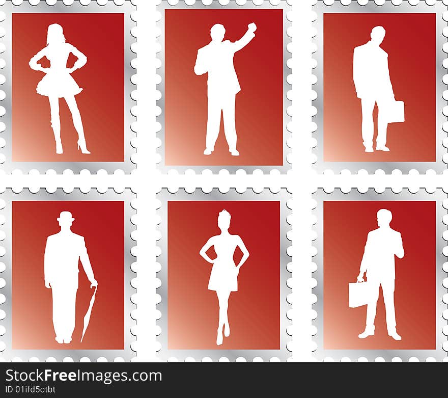 Set syamps - 93B. People. Set of postage stamps with men, women and children for your design