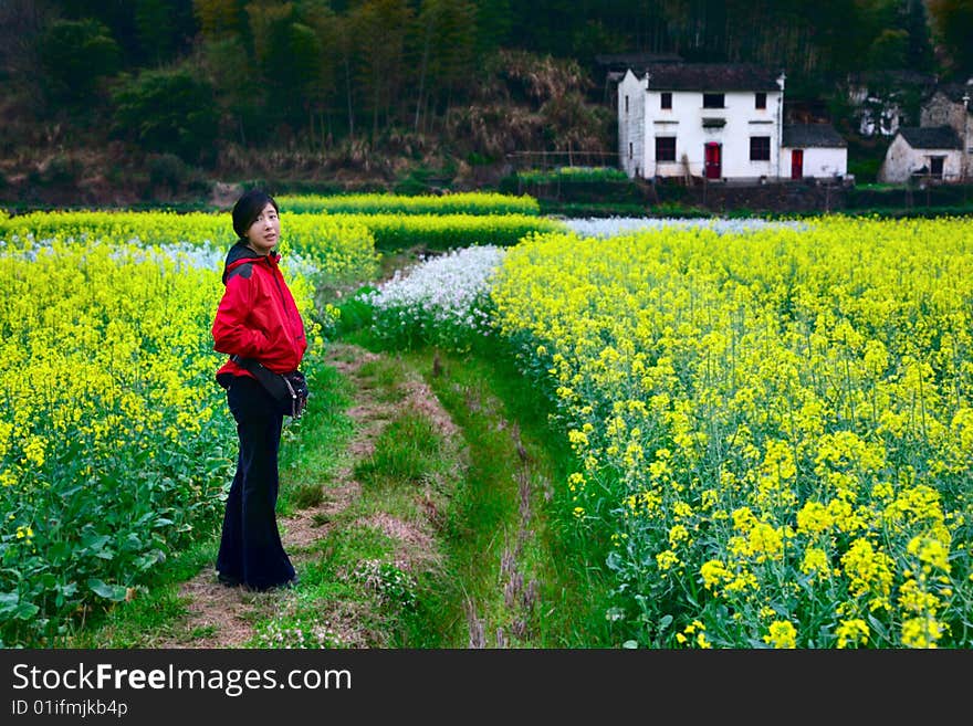 A girl in casual dress. taken in a field of rape. A girl in casual dress. taken in a field of rape.