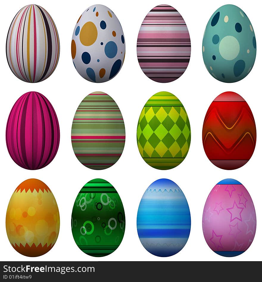 12 high Resolution 3d rendered Easter eggs, isolated on white. 12 high Resolution 3d rendered Easter eggs, isolated on white