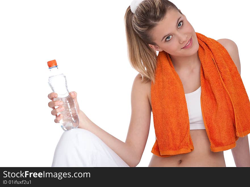 Fitness – Young sportive woman exercise with bottle of water on white background. Fitness – Young sportive woman exercise with bottle of water on white background