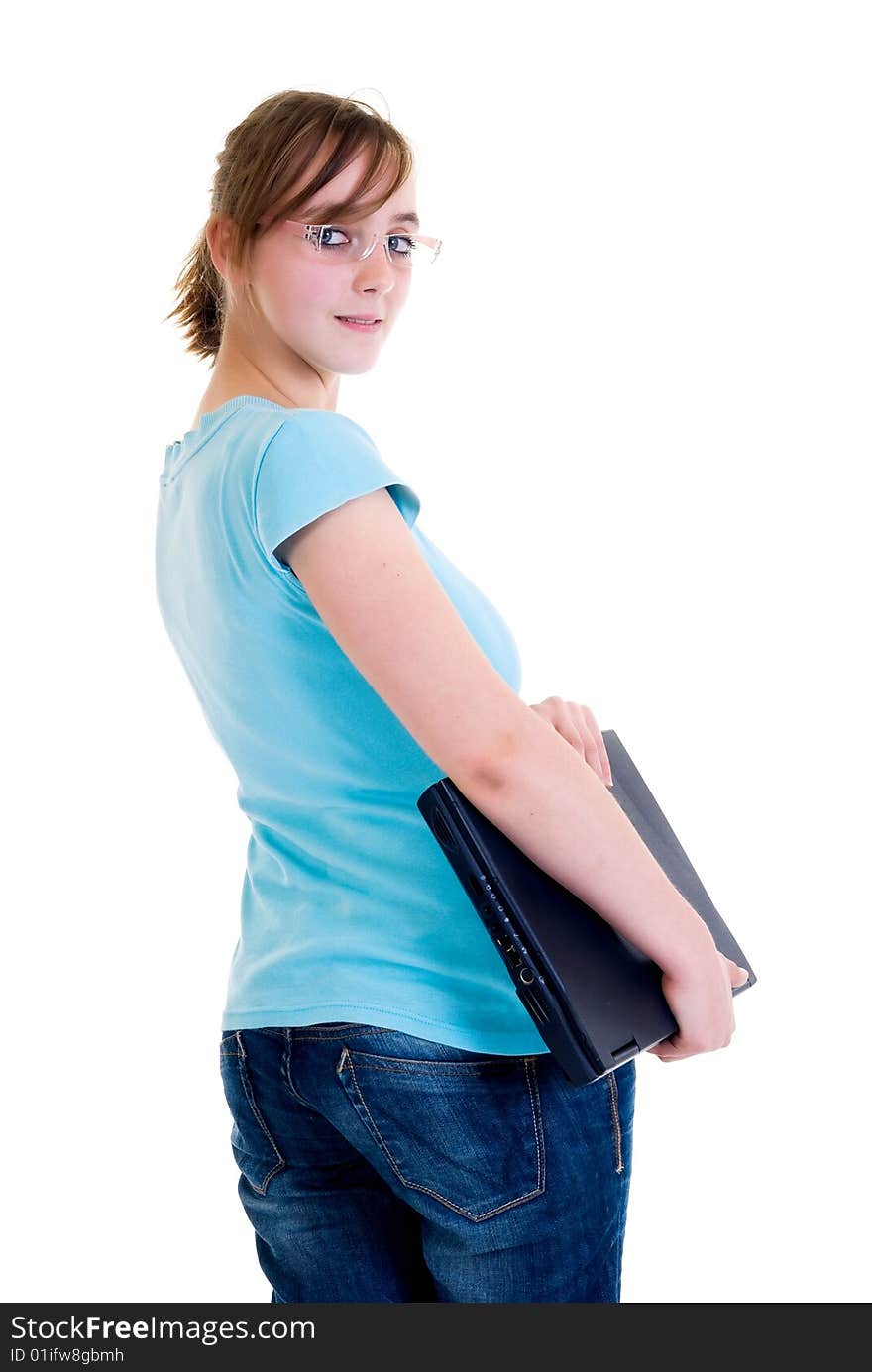 Teenager schoolgirl with laptop on white background