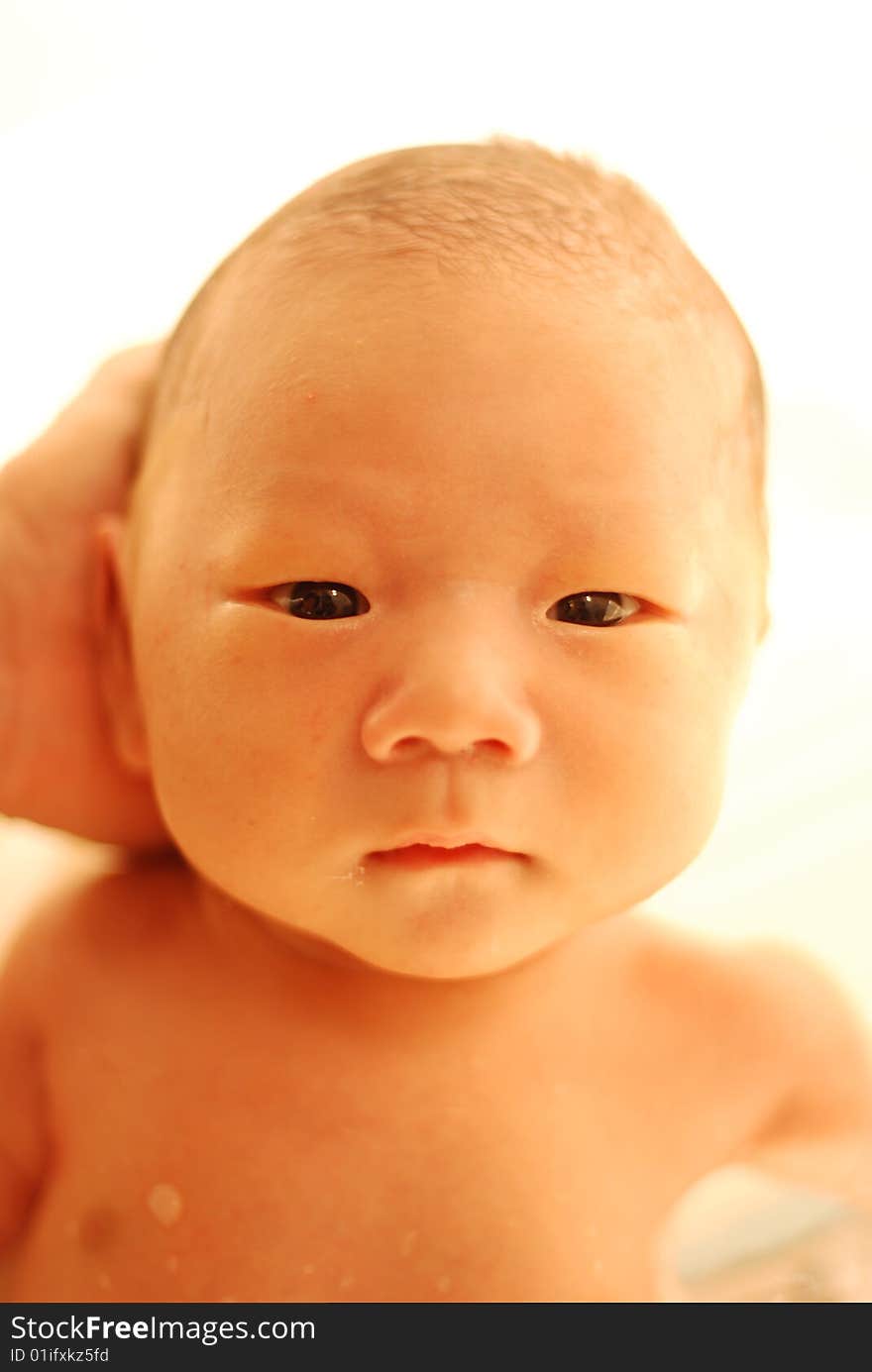 Newborn naked asia baby boy  in bath. Newborn naked asia baby boy  in bath