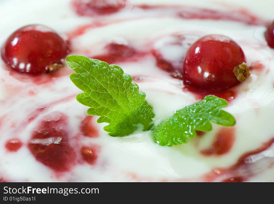 Macro image of berry fruit in yogurt