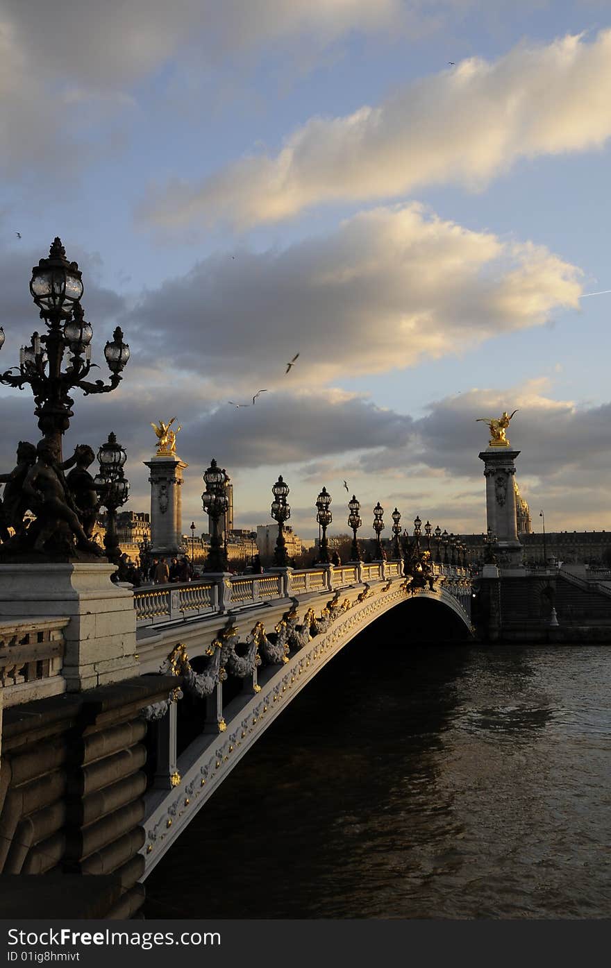 Bridge on seine river in the sunset