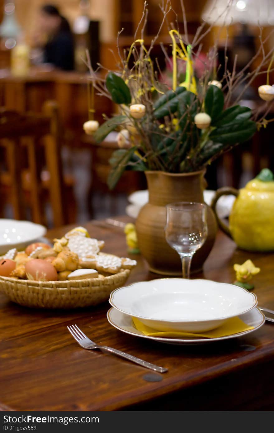 The Easter decorated wooden table. The Easter decorated wooden table