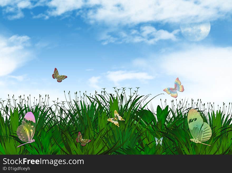 Illustration of springtime blue sky green grass and colorful butterflies. Illustration of springtime blue sky green grass and colorful butterflies.