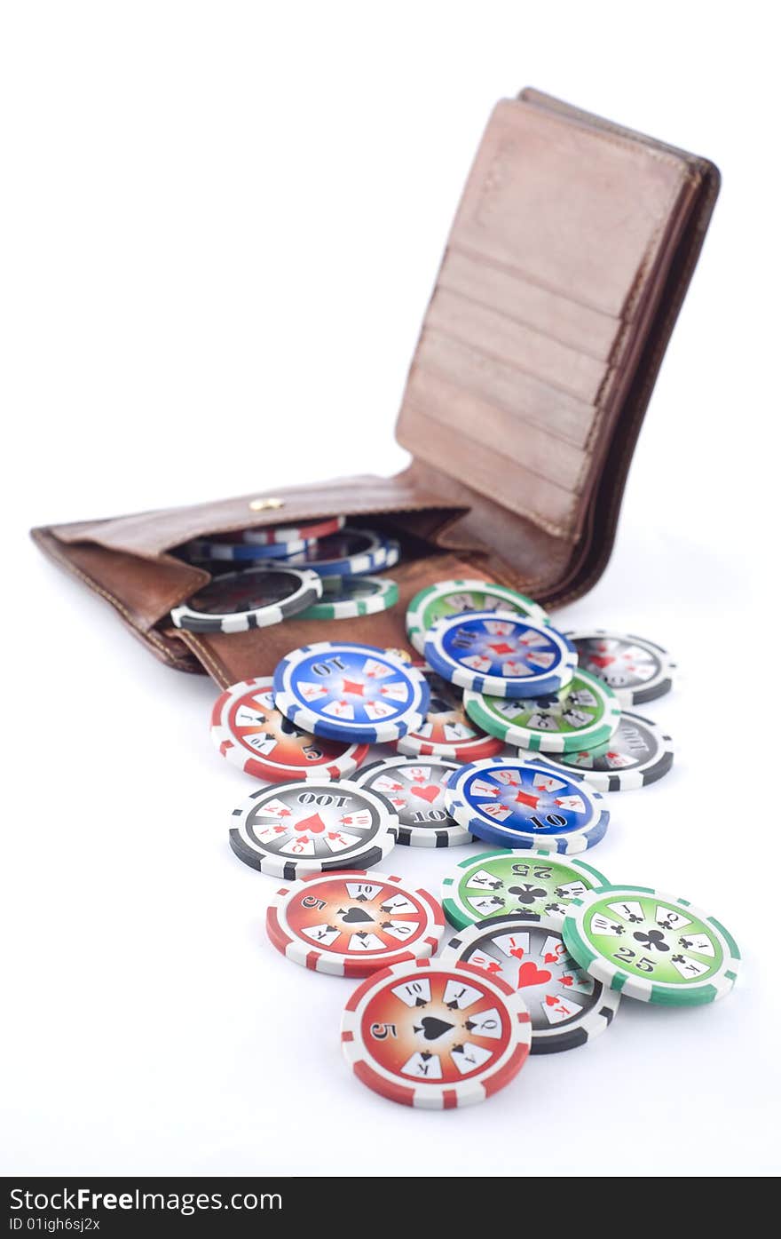 Leather wallet with poker chips isolated on white. Leather wallet with poker chips isolated on white