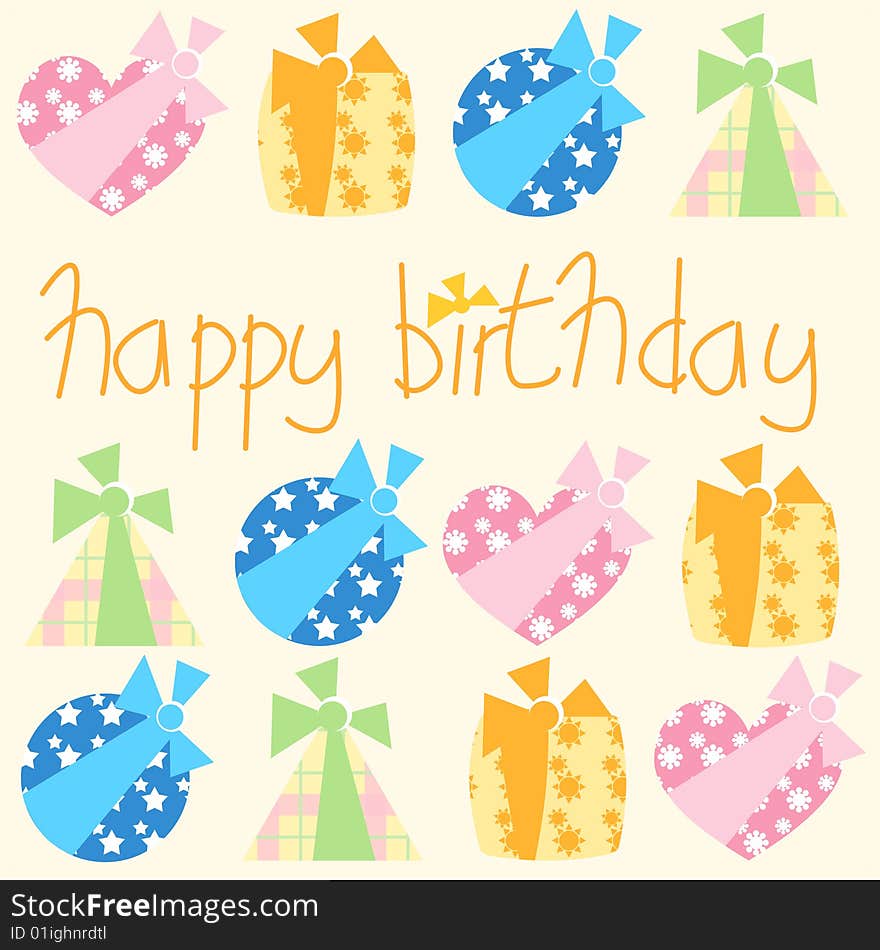 Happy Birthday card decorated with coloured gifts. Happy Birthday card decorated with coloured gifts