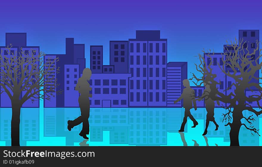 Urban landscape in blue tones with reflection. with silhouettes of people and trees. Urban landscape in blue tones with reflection. with silhouettes of people and trees