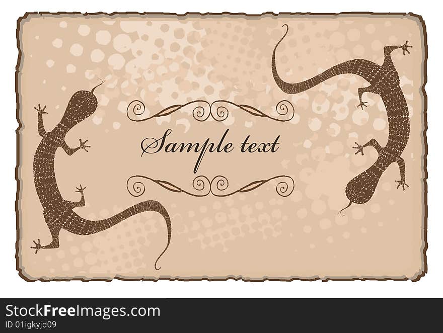 Lizards or Geckos on a torn paper sign with scrolls and copy space. Lizards or Geckos on a torn paper sign with scrolls and copy space.