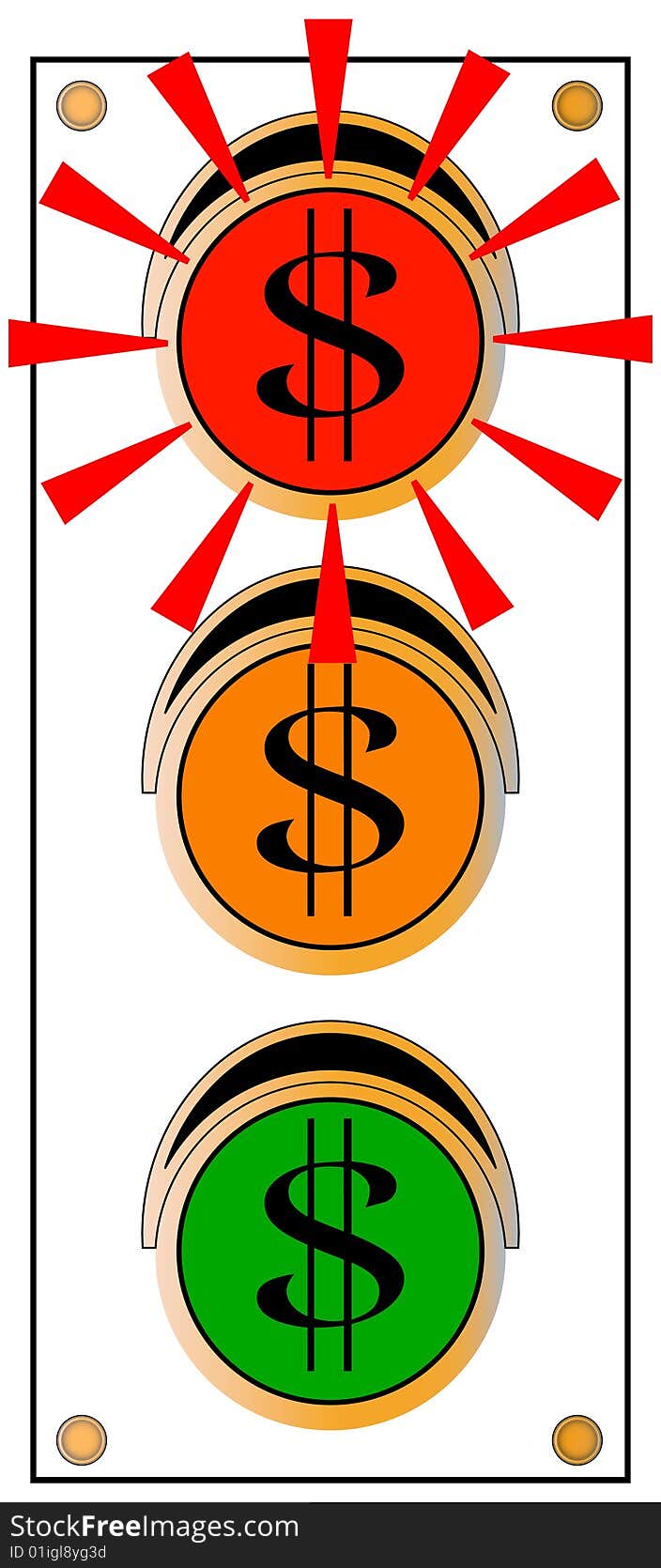 A typical street signal light, frontal with red light emphasized, yellow and green lights with dollar signs on lens. A typical street signal light, frontal with red light emphasized, yellow and green lights with dollar signs on lens