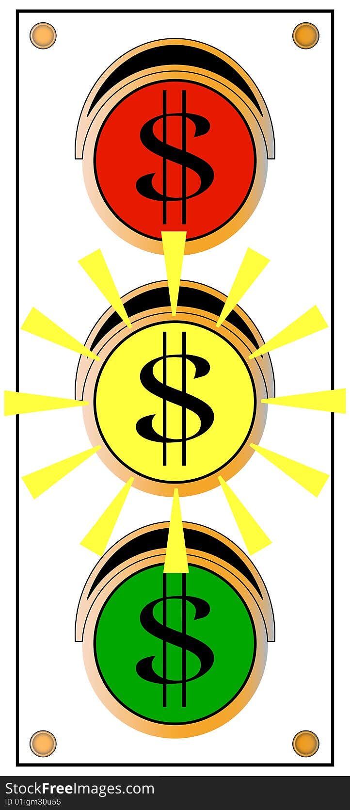 A typical street signal light, frontal with yellow light emphasized, red and green lights with dollar signs on lens. A typical street signal light, frontal with yellow light emphasized, red and green lights with dollar signs on lens