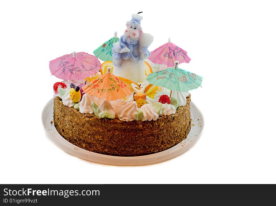 Big birthday cake over white background