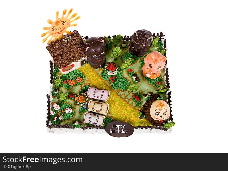 Big birthday cake with animals in courtyard