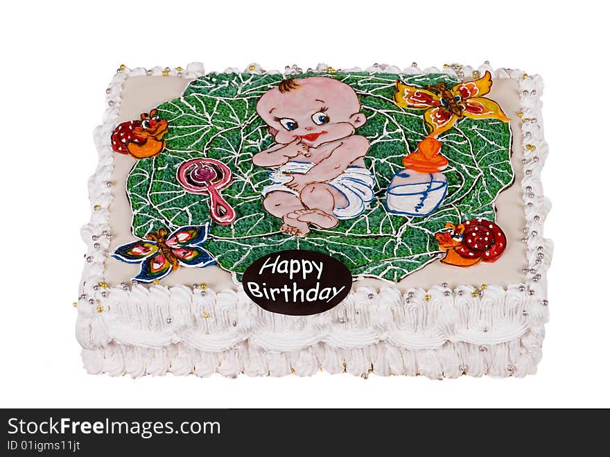 Big birthday cake with child in cabbage over white background