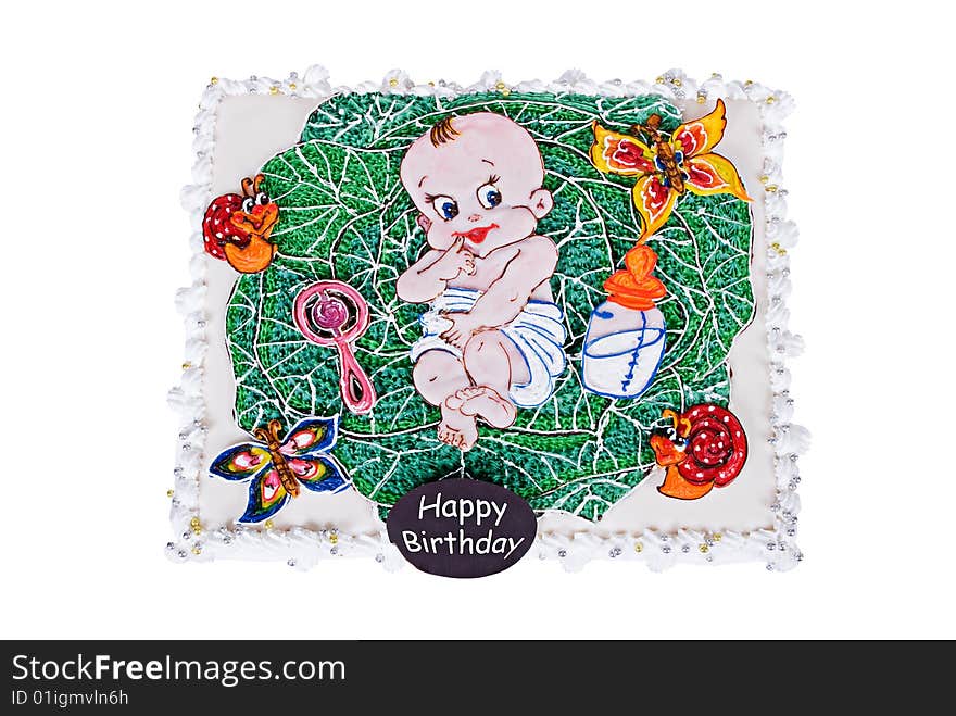 Big birthday cake with child in cabbage over white background